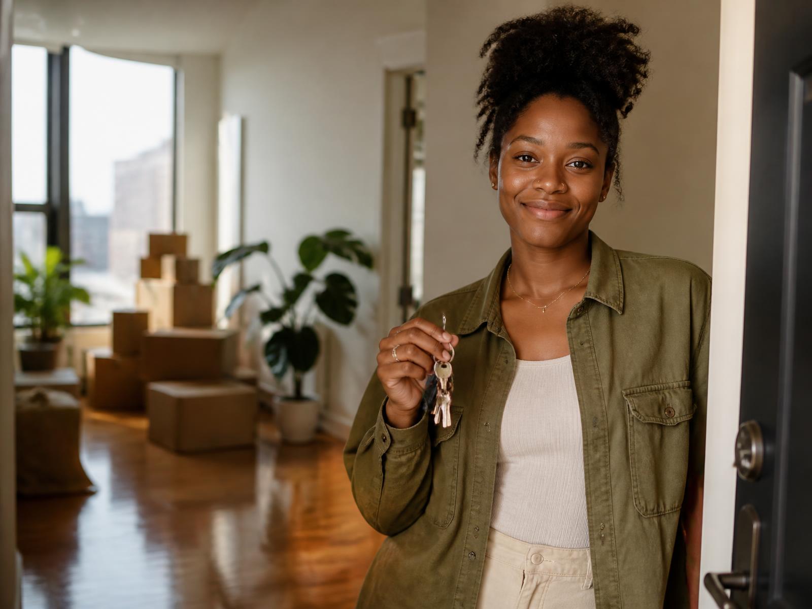 A newcomer holding the keys to her new Toronto apartment on moving day